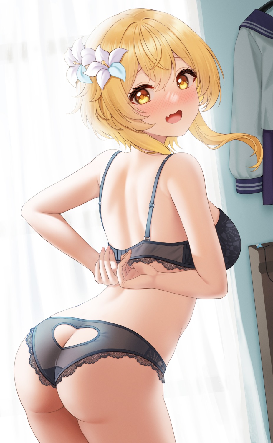 ass bra fukuro_ko_(greentea) genshin_impact lingerie lumine pantsu seifuku undressing