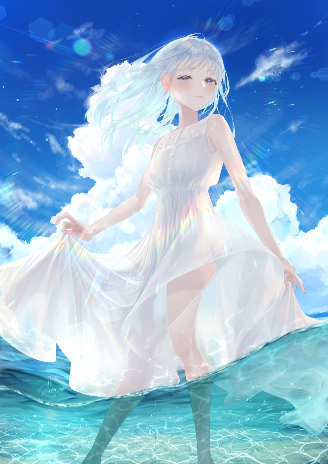 dress nyaon_oekaki see_through skirt_lift summer_dress wet