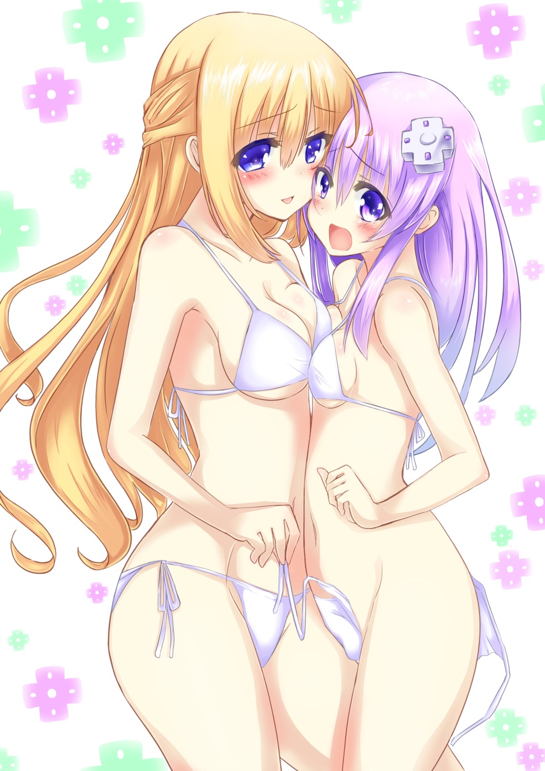 bikini choujigen_game_neptune cleavage nepgear swimsuits symmetrical_docking underboob undressing vert yuri zero-theme