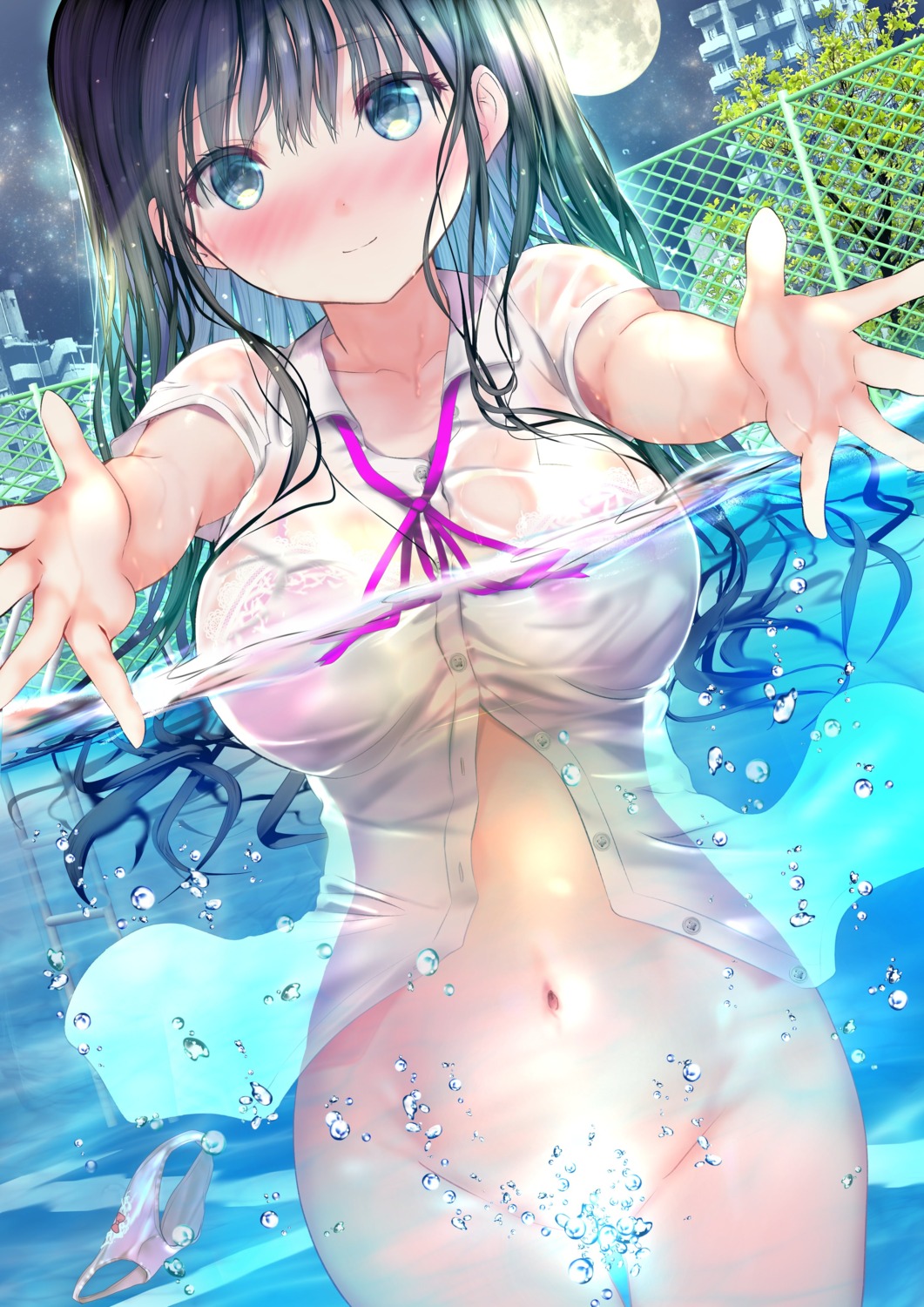 bottomless bra censored ogata_tei see_through seifuku wet wet_clothes