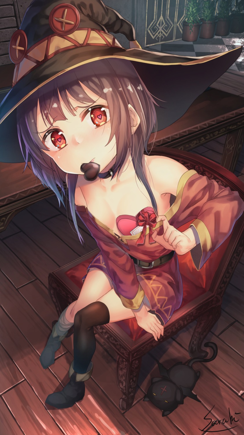 bandages dress kono_subarashii_sekai_ni_shukufuku_wo! megumin no_bra open_shirt saraki thighhighs valentine witch