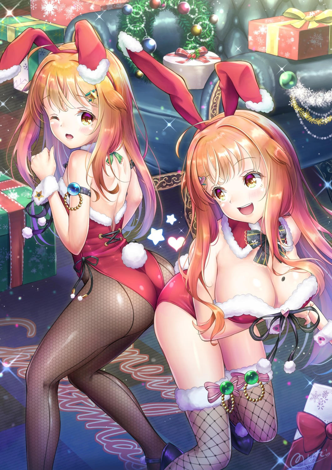 animal_ears ass breast_hold bunny_ears bunny_girl christmas cleavage fishnets no_bra pantyhose tagme tail thighhighs trap