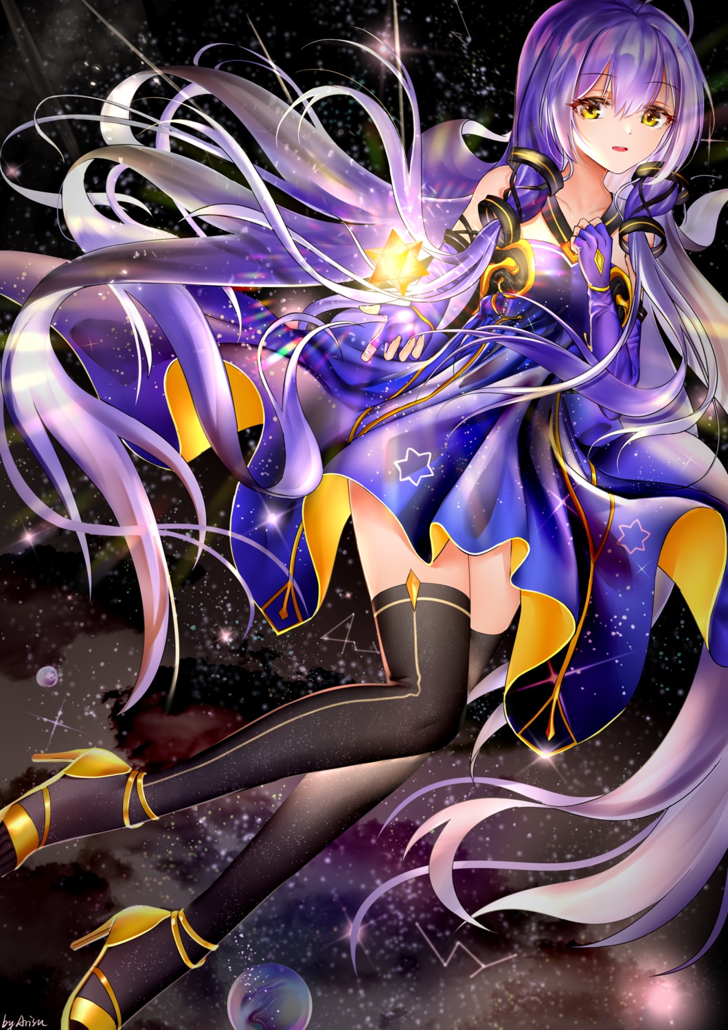 arisu_(wangyunqiu) dress heels skirt_lift stardust_(vocaloid) thighhighs vocaloid