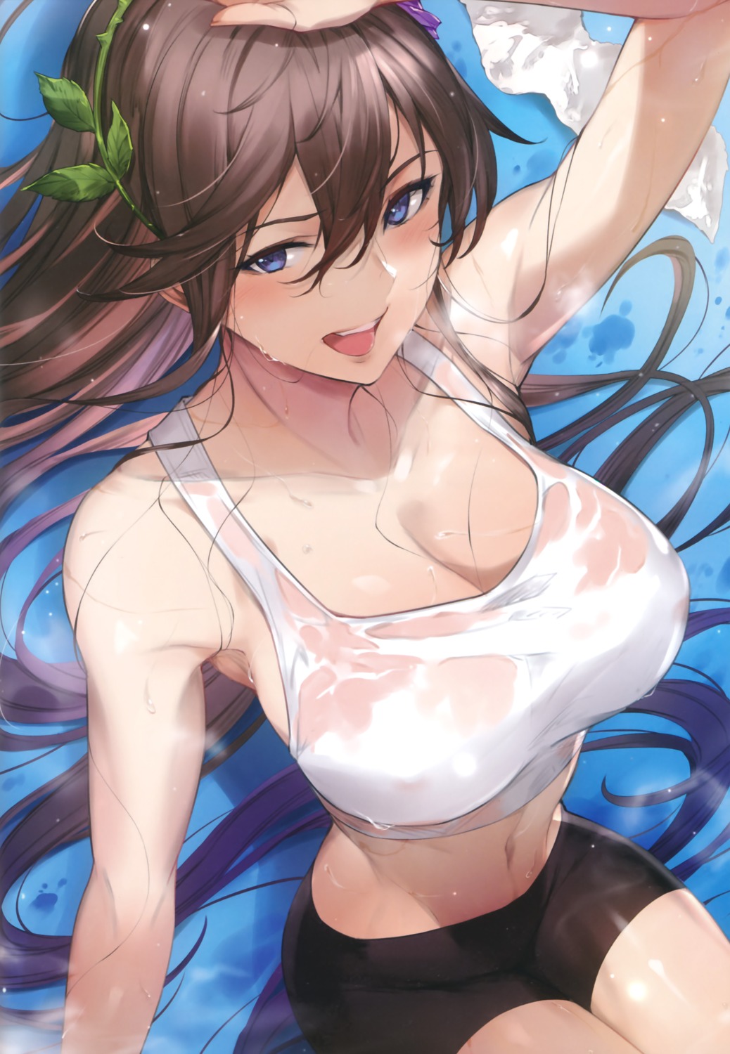 bike_shorts cleavage erect_nipples granblue_fantasy kakage no_bra rosetta_(granblue_fantasy) see_through wet wet_clothes