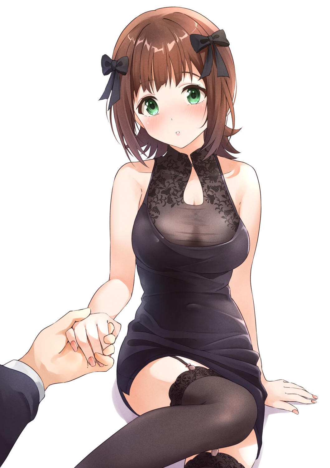 amami_haruka b1ack cleavage dress see_through stockings the_idolm@ster thighhighs