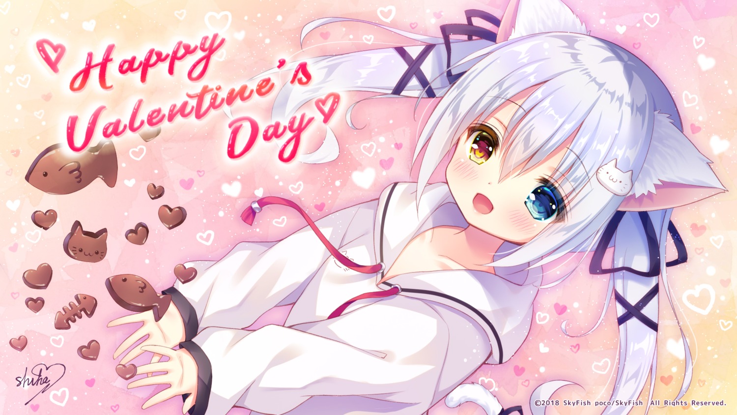 animal_ears autographed heterochromia koneko_neko_neko nekokawa_shirone nekomimi noda_shuha skyfish_poco tail valentine wallpaper