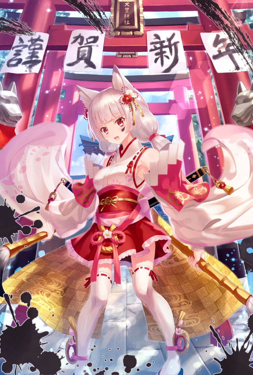 animal_ears japanese_clothes kaina_(tsubasakuronikuru) sword thighhighs