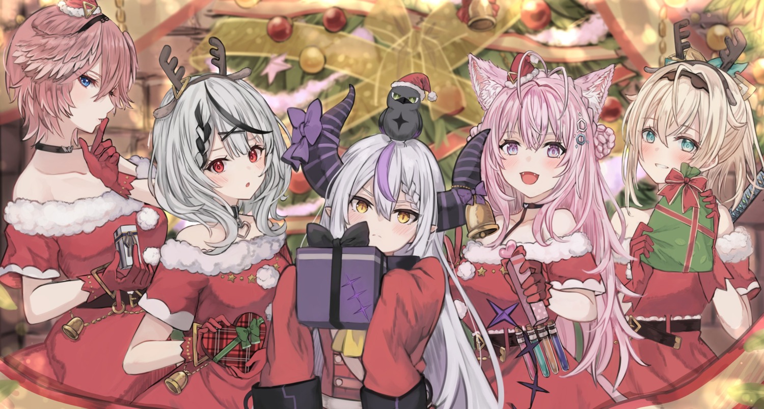 animal_ears christmas crow_(la+_darknesss) hakui_koyori hololive horns kazama_iroha kiukoma la+_darknesss pointy_ears sakamata_chloe takane_lui wings