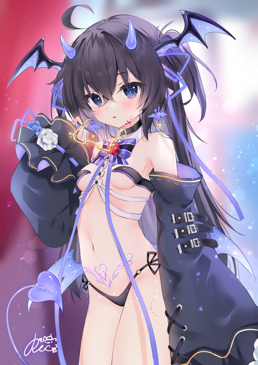 blood horns loli megane no_bra pantsu pointy_ears rukako string_panties tail tattoo wings