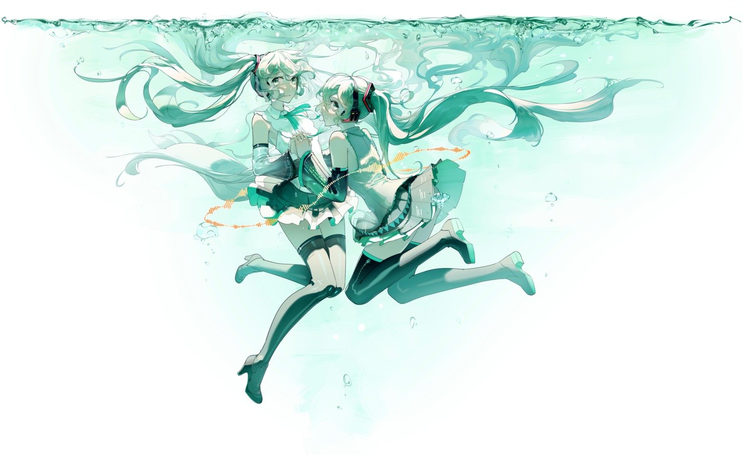 hatsune_miku headphones heels ly.t skirt_lift thighhighs vocaloid wet