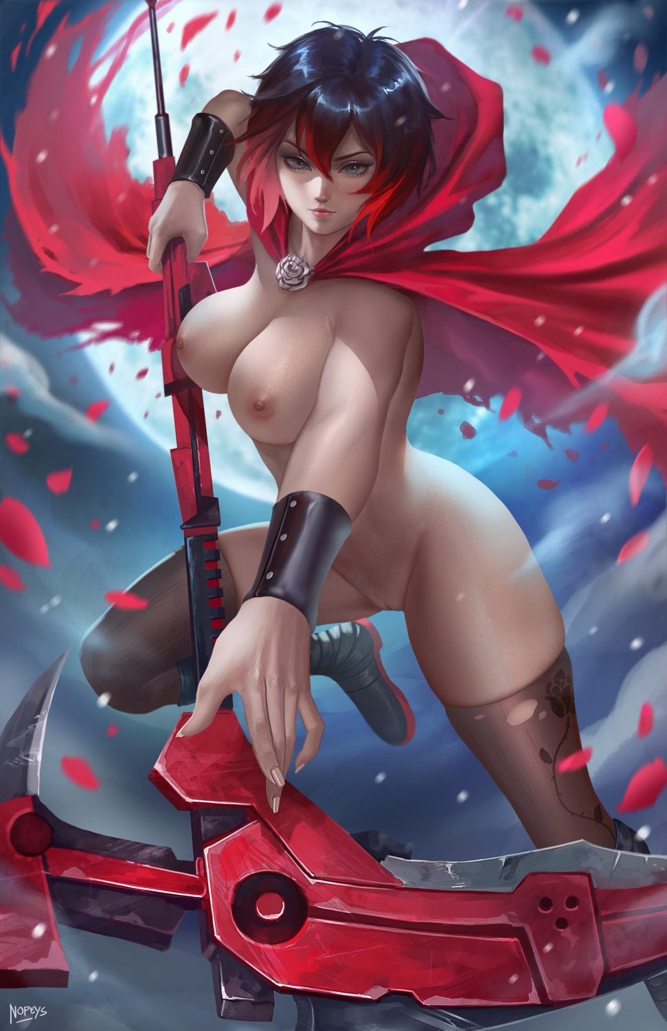 naked_cape nipples nopeys pussy ruby_rose rwby thighhighs torn_clothes uncensored weapon