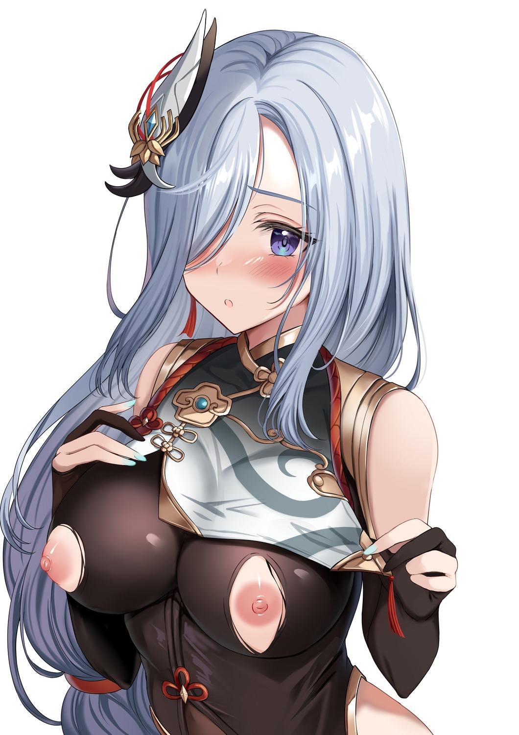 asian_clothes genshin_impact harimoji nipples no_bra shenhe torn_clothes