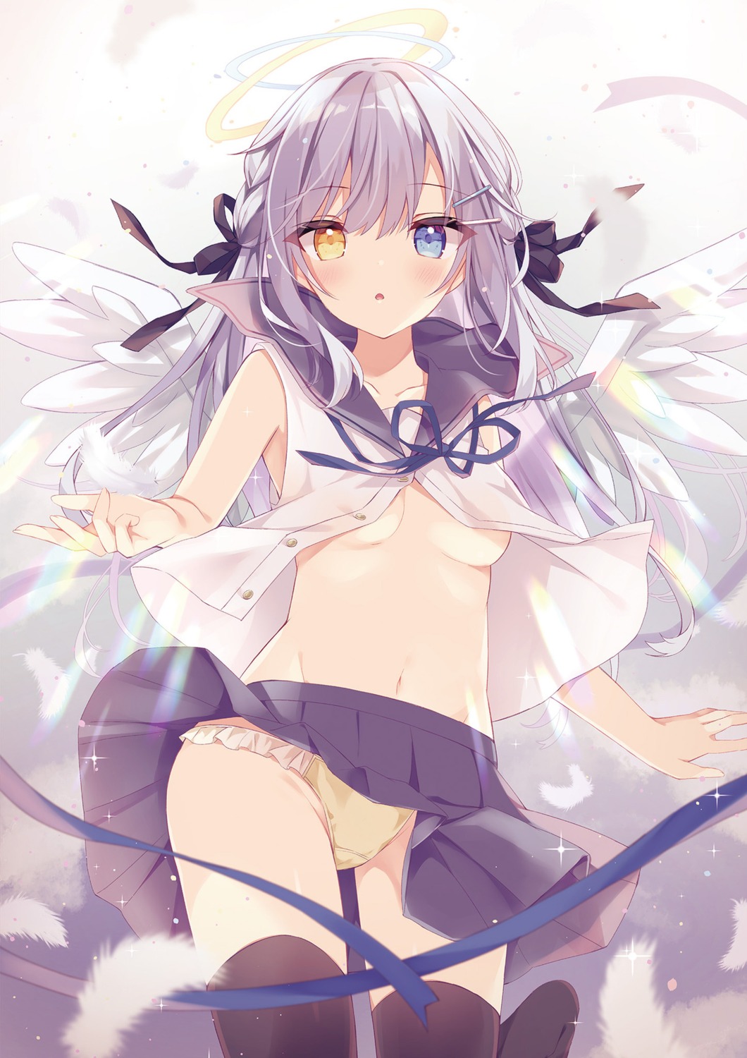 heterochromia hoshi no_bra open_shirt pantsu seifuku thighhighs underboob