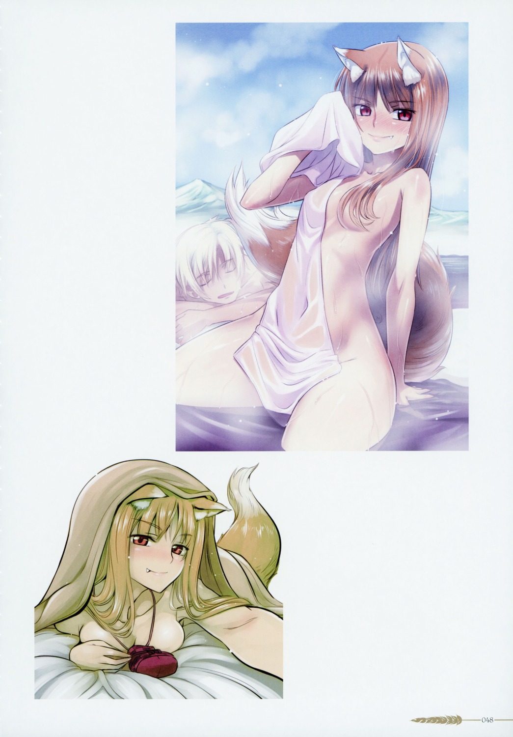animal_ears holo koume_keito naked onsen sheets spice_and_wolf tail towel wet