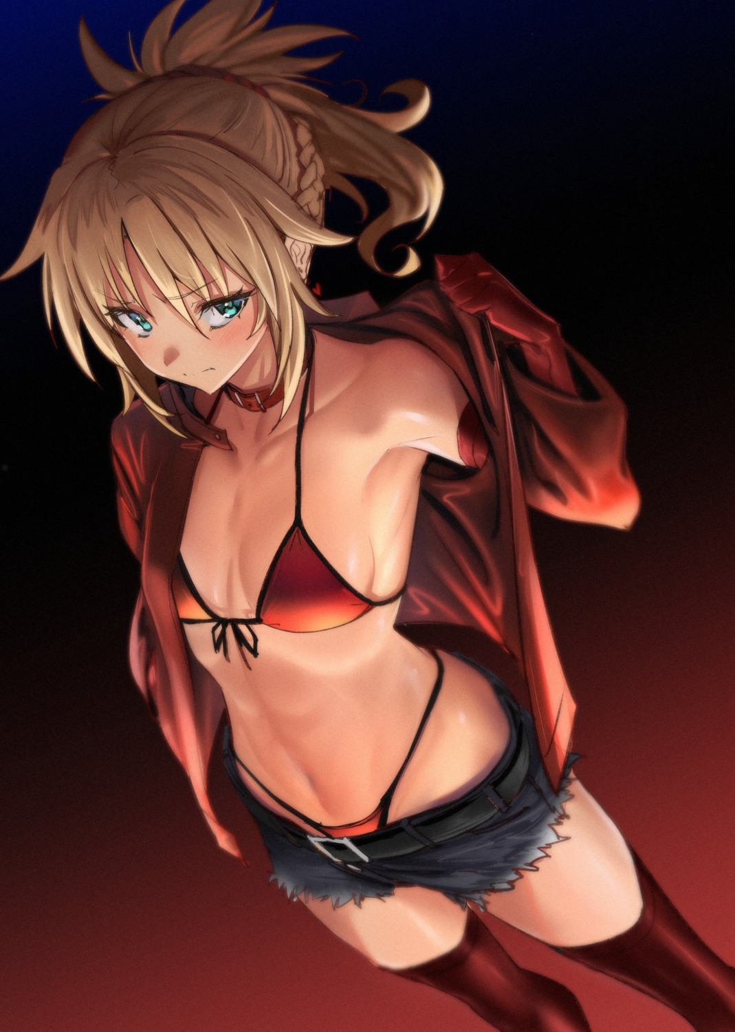 bikini cleavage fate/grand_order mordred_(fate) open_shirt swimsuits thighhighs ulrich_(tagaragakuin)
