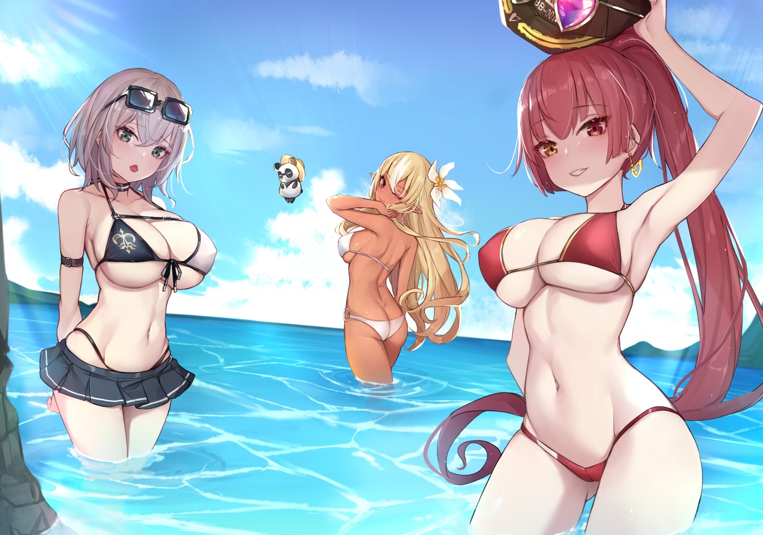 ass bikini elf erect_nipples heterochromia hololive houshou_marine megane pointy_ears sherryqq shiranui_flare shirogane_noel swimsuits wet