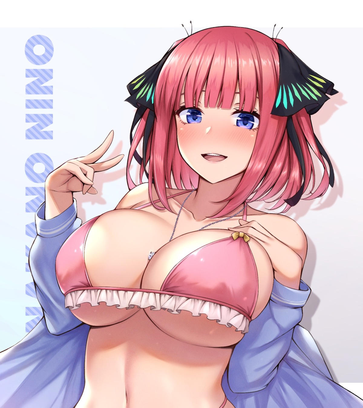 5-toubun_no_hanayome bikini breast_hold fou_zi nakano_nino open_shirt swimsuits