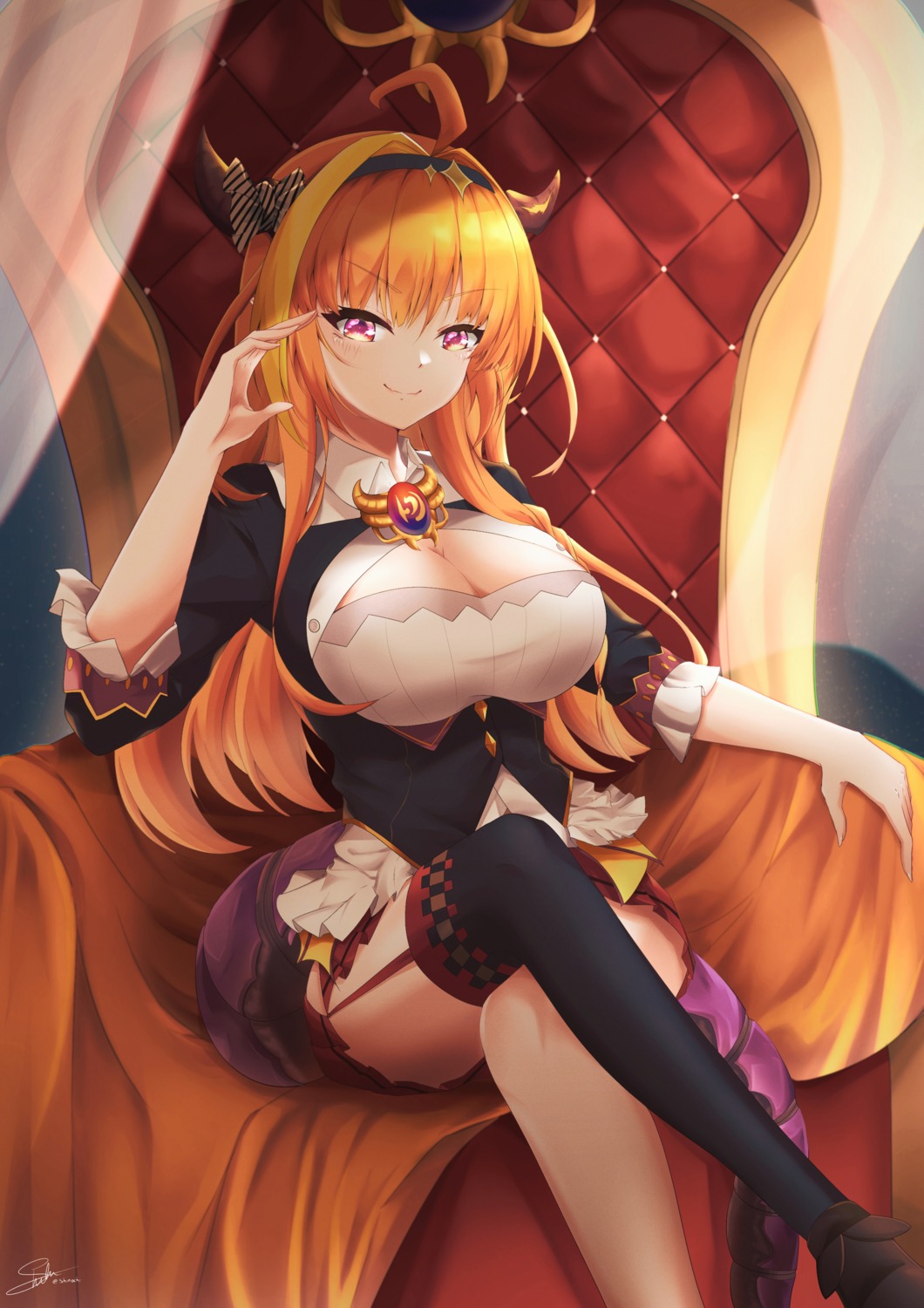 cleavage hololive horns kiryuu_coco pointy_ears shiinochi skirt_lift stockings tail thighhighs