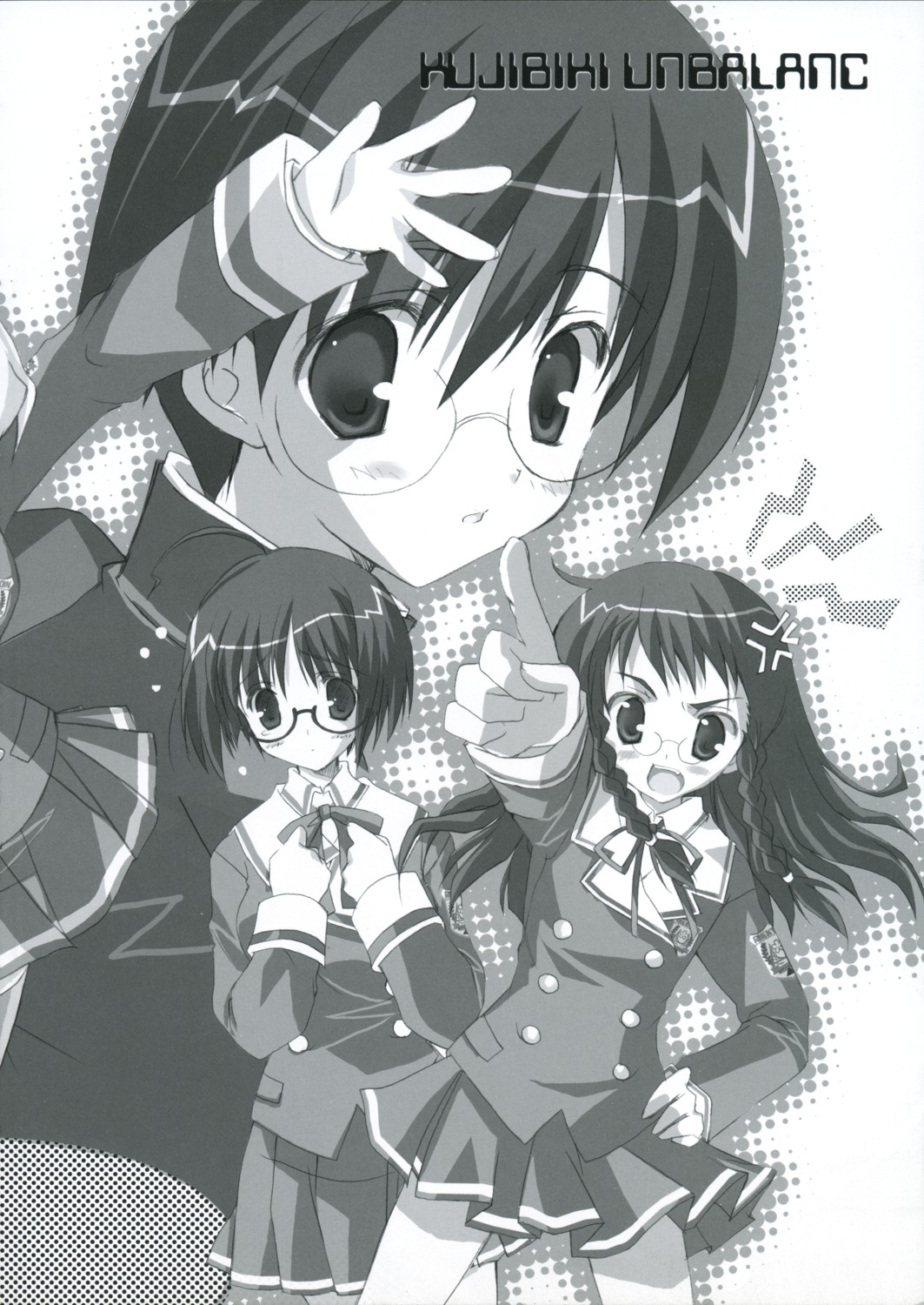 akane_makes_revolution enomoto_chihiro ikegami_akane kamishakujii_renko kujibiki_unbalance megane monochrome seifuku yamada_kaoruko