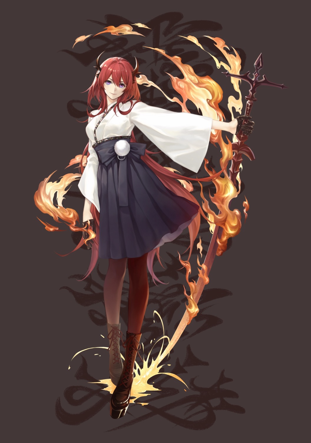 arknights horns japanese_clothes pantyhose surtr_(arknights) sword welllllll