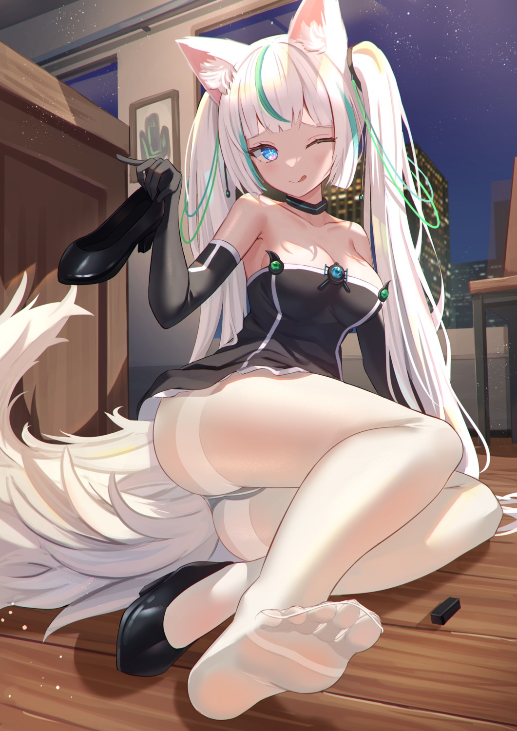 animal_ears feet heels mirufuaa no_bra pantsu pantyhose skirt_lift tail thong