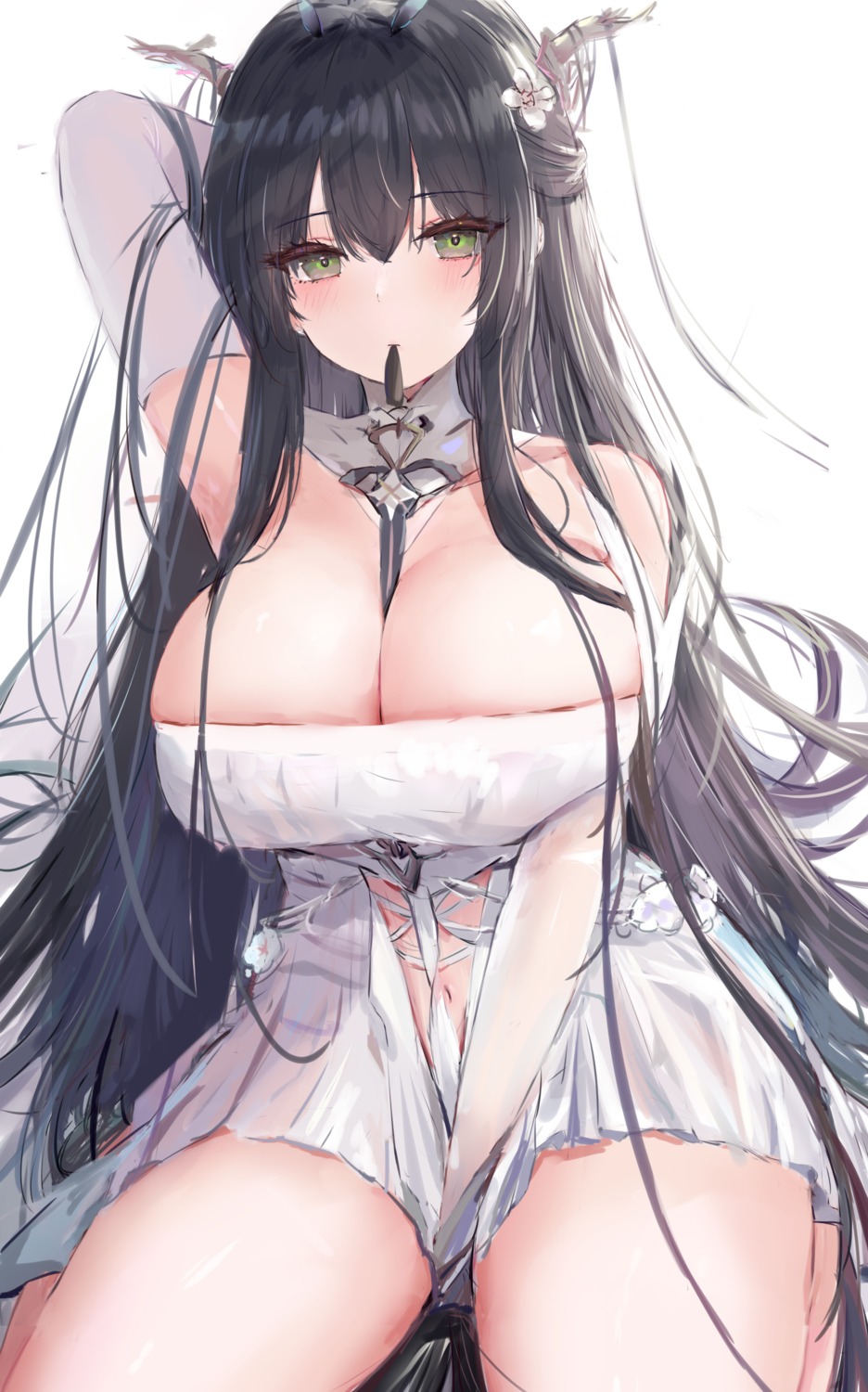 azur_lane dress horns indomitable_(azur_lane) lshiki no_bra see_through sketch