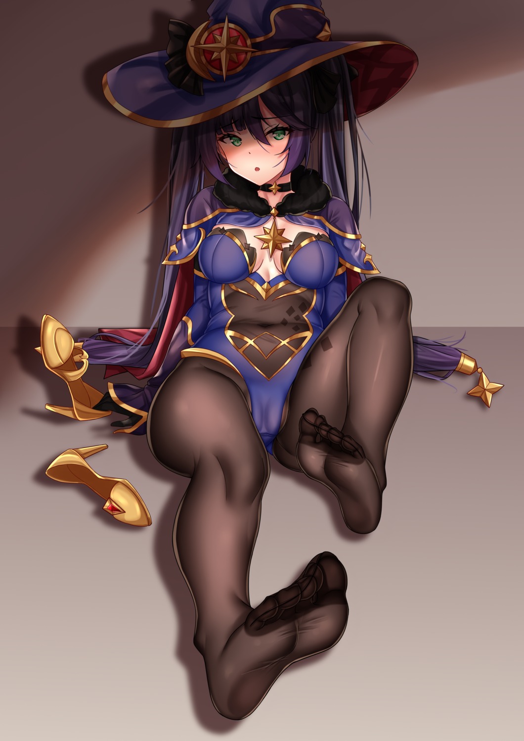 cameltoe feet genshin_impact leotard lumu_yuanxiang mona_megistus no_bra pantyhose witch