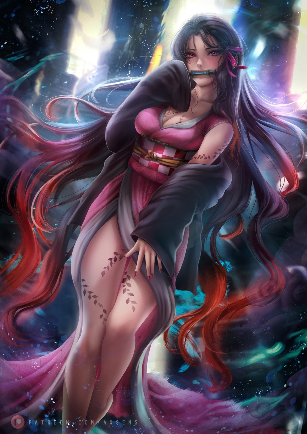 axsens cleavage japanese_clothes kamado_nezuko kimetsu_no_yaiba no_bra tattoo