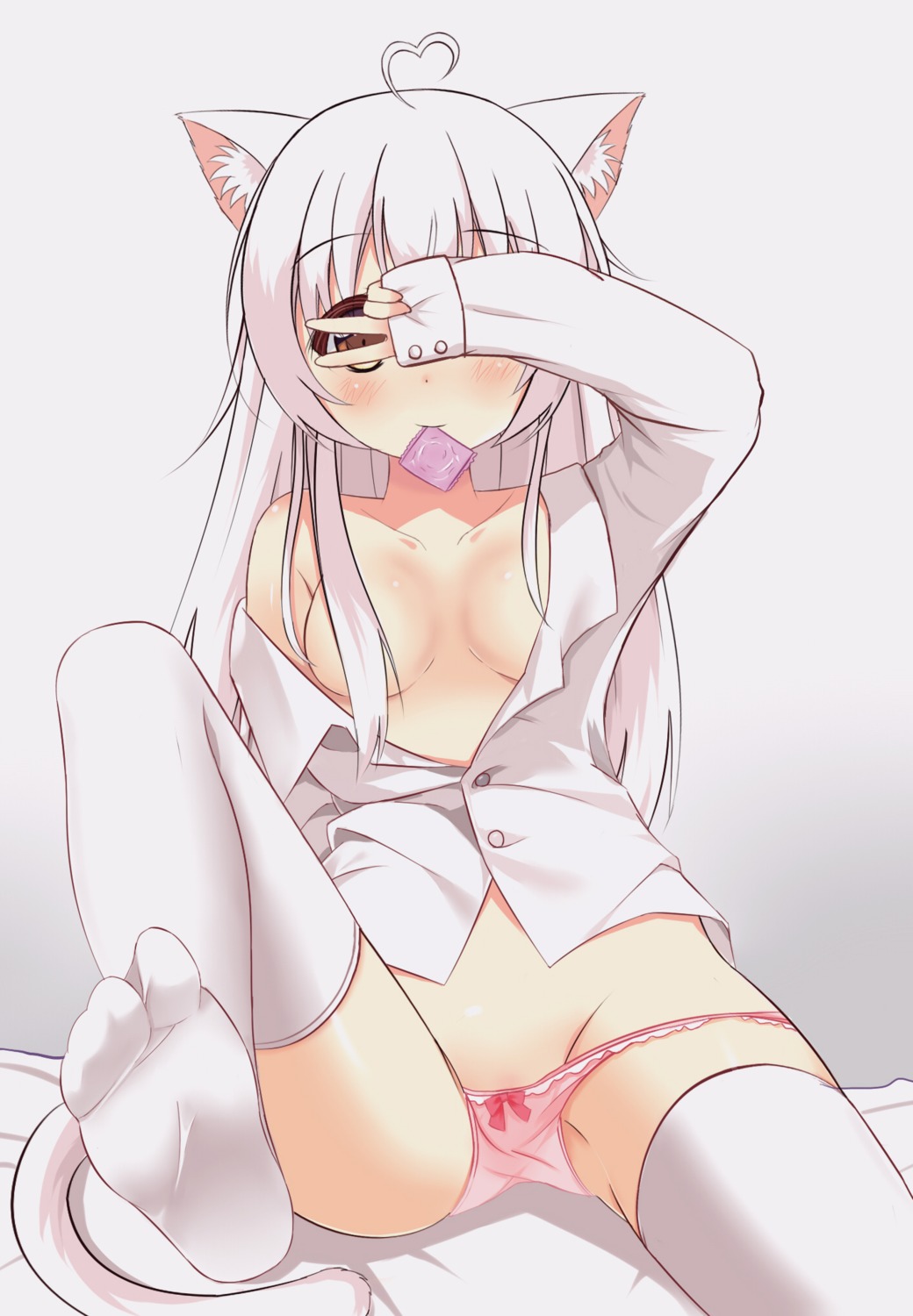 animal_ears breasts feet nekomimi no_bra open_shirt pantsu panty_pull tail thighhighs xiaosamiao