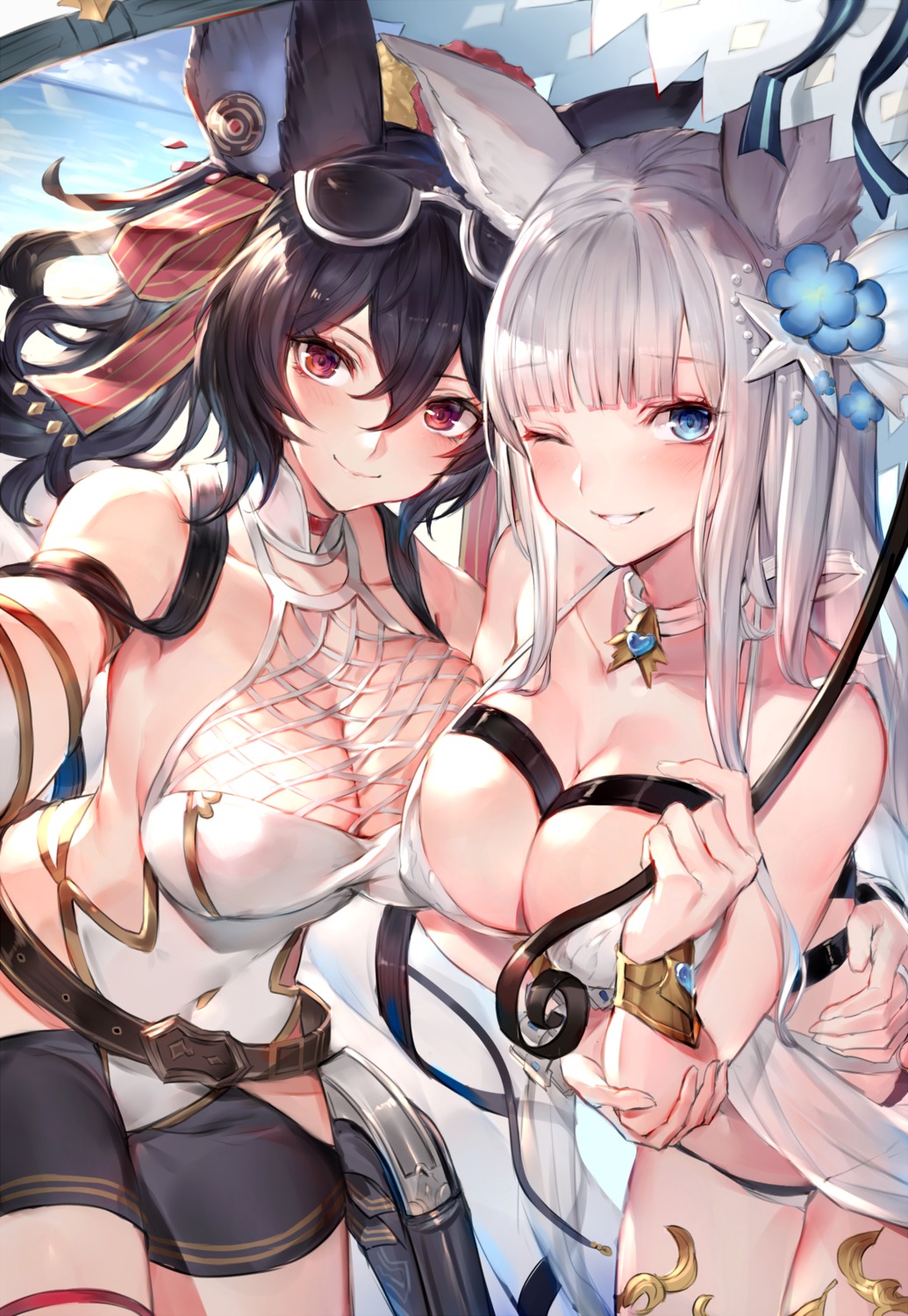 animal_ears cleavage granblue_fantasy gun ilsa_(granblue_fantasy) korwa megane oyu_(sijimisizimi) see_through swimsuits thighhighs