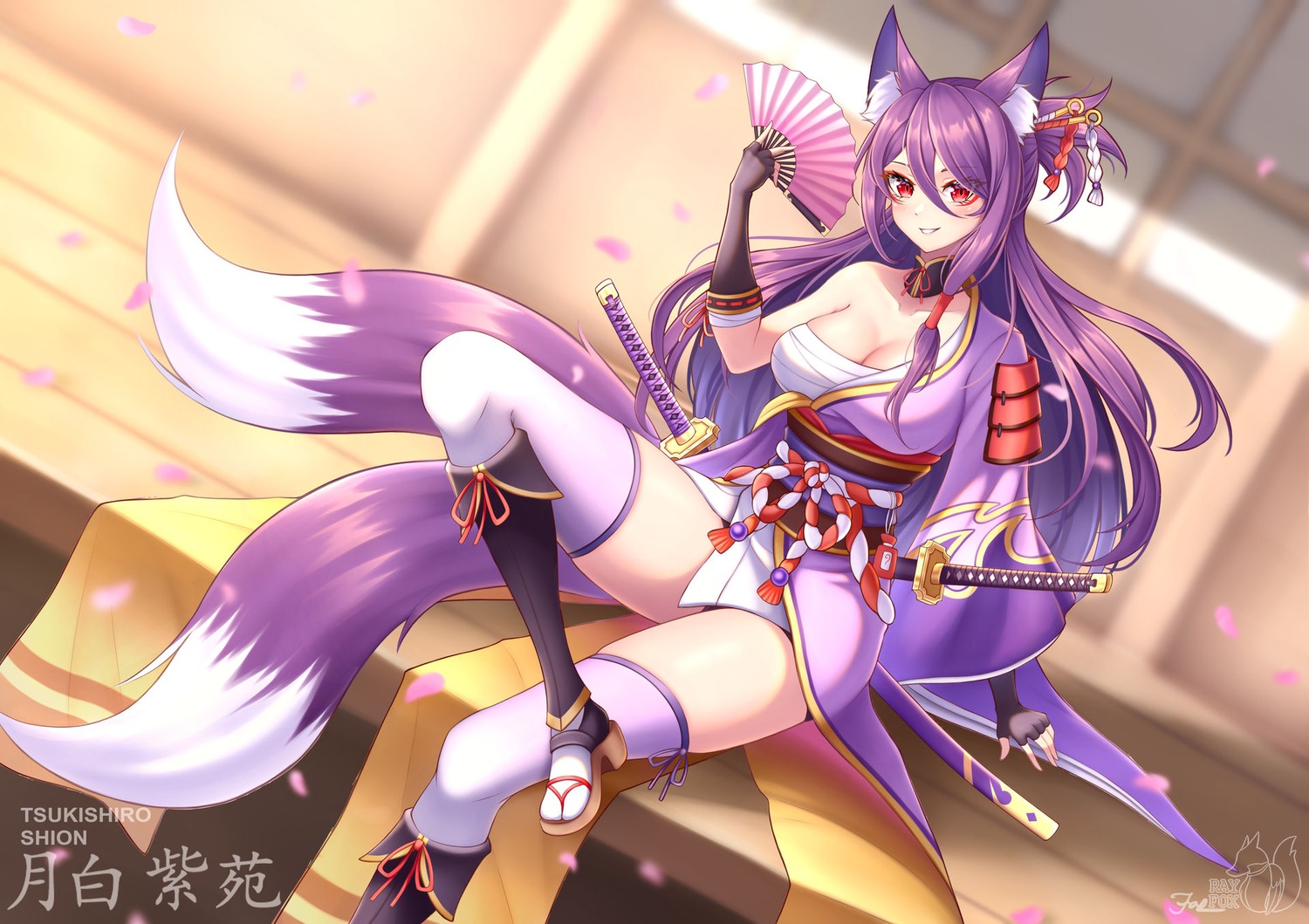 animal_ears heels japanese_clothes kitsune ray_fox sarashi sword tail thighhighs