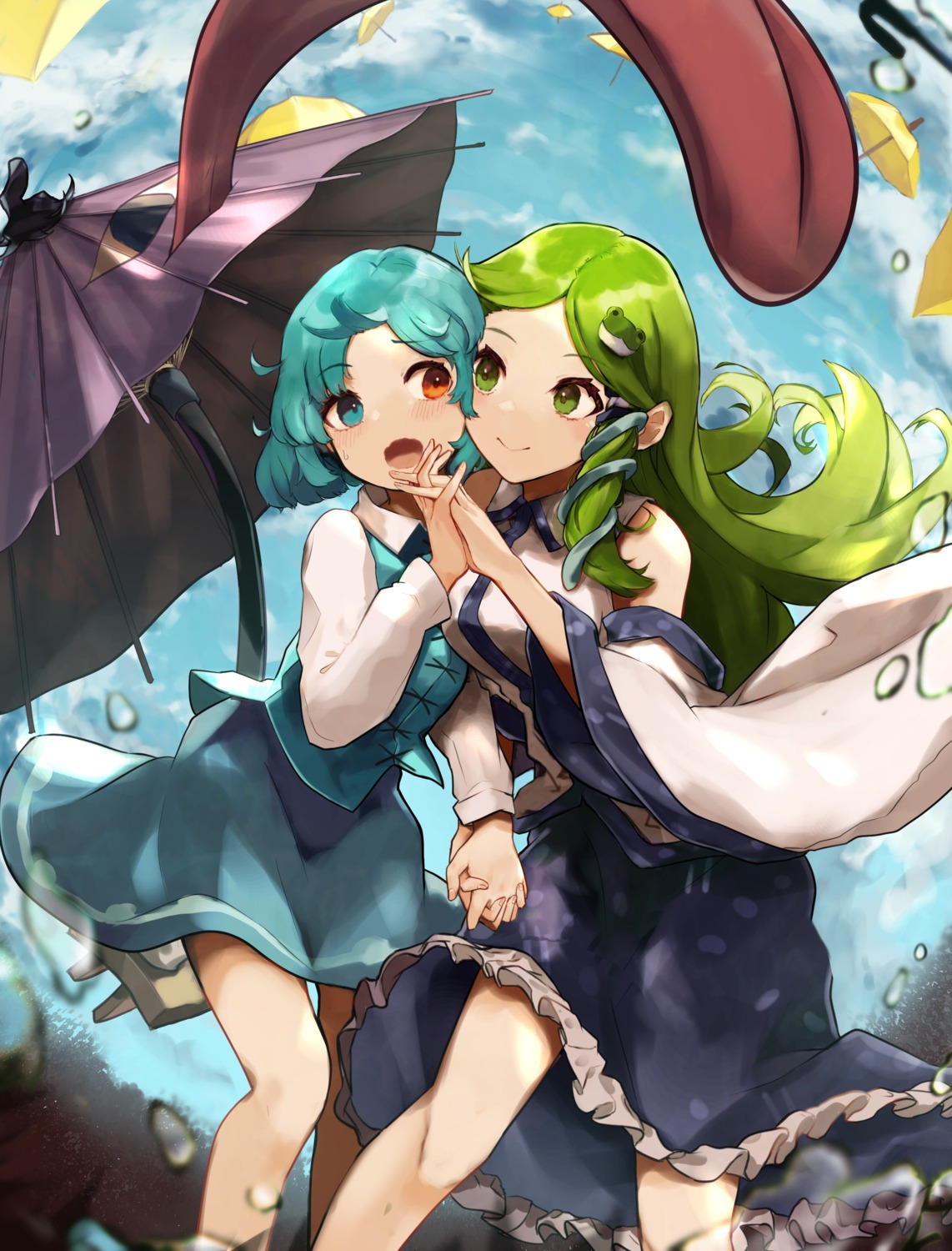 heterochromia kochiya_sanae kurowa_(curowa) skirt_lift tatara_kogasa touhou umbrella yuri