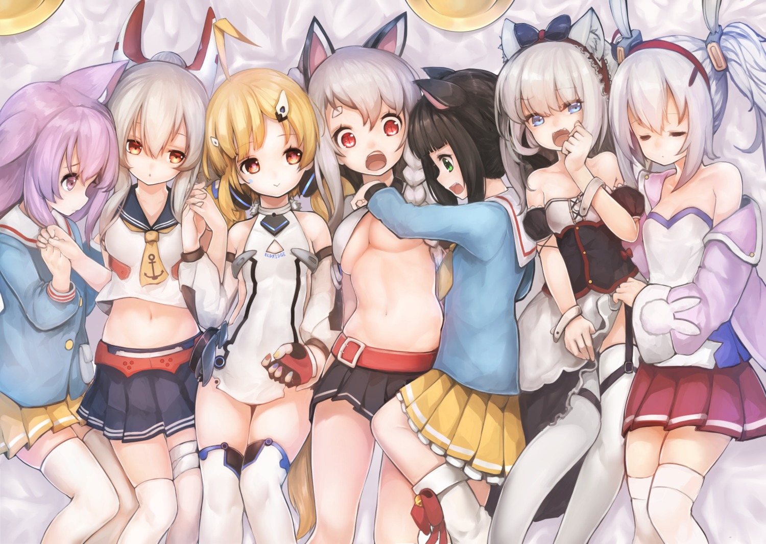 animal_ears ayanami_(azur_lane) azur_lane cleavage eldridge_(azur_lane) hachachi hammann_(azur_lane) kisaragi_(azur_lane) laffey_(azur_lane) mutsuki_(azur_lane) no_bra seifuku shirt_lift skirt_lift stockings thighhighs underboob yuudachi_(azur_lane)