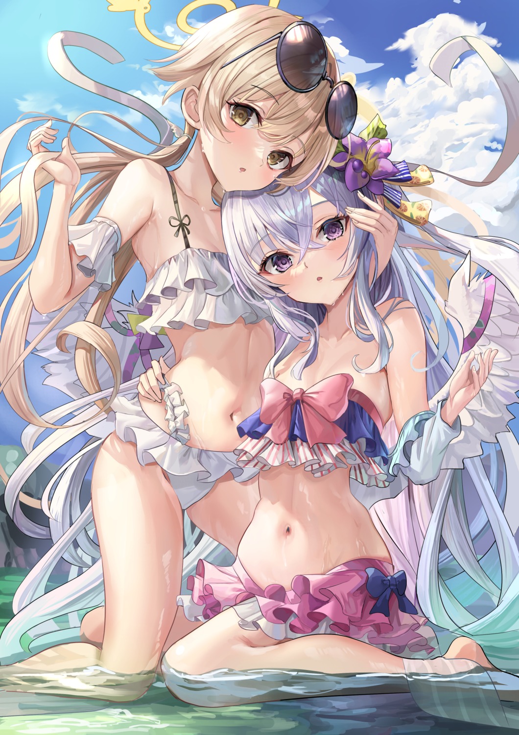 ajitani_hifumi angel bikini blue_archive halo loli megane shirasu_azusa suidou_chaahan swimsuits wet wings yuri