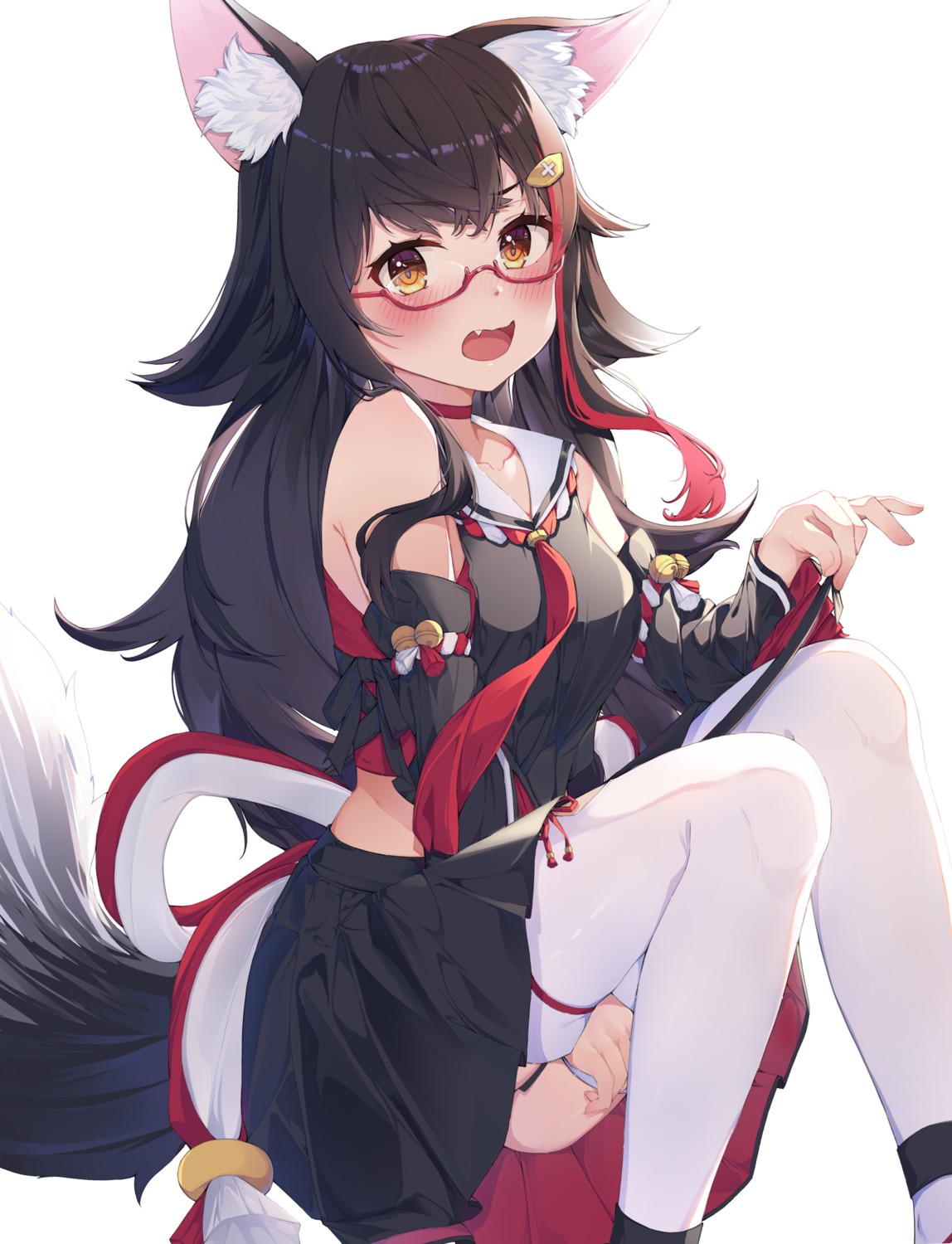 animal_ears garter hololive hololive_gamers keis_(locrian1357) megane ookami_mio skirt_lift tail thighhighs