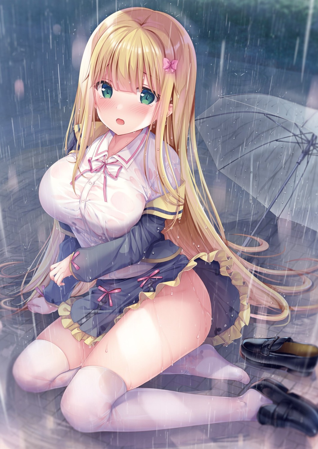 inagaki_minami nopan see_through seifuku skirt_lift thighhighs twinbox twinbox_school umbrella wardrobe_malfunction wet wet_clothes