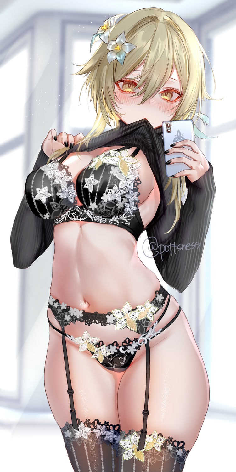 bra cameltoe garter_belt genshin_impact lumine pantsu pottsness selfie shirt_lift stockings sweater thighhighs