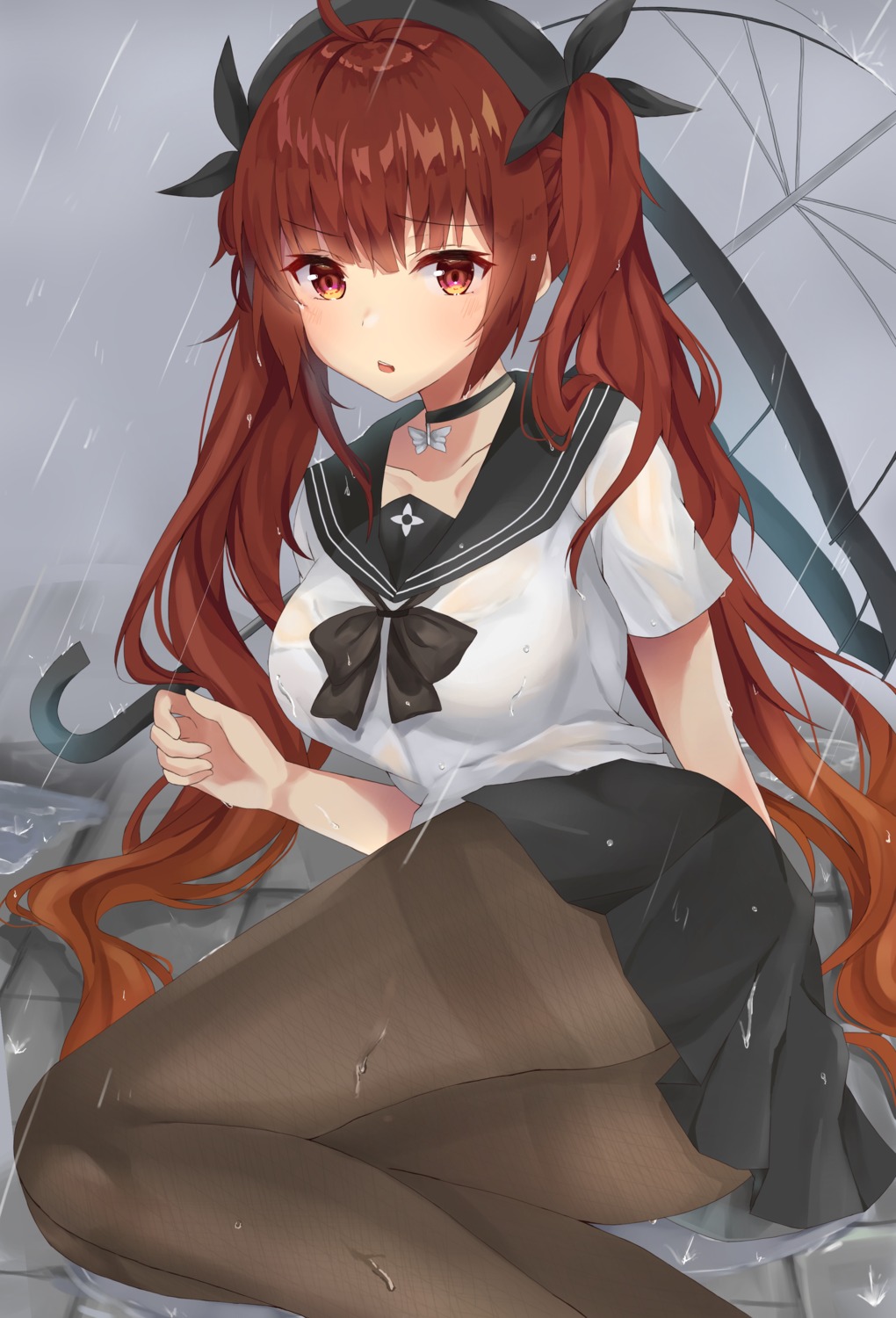 azur_lane honolulu_(azur_lane) naga_taco pantyhose see_through seifuku skirt_lift umbrella wet wet_clothes