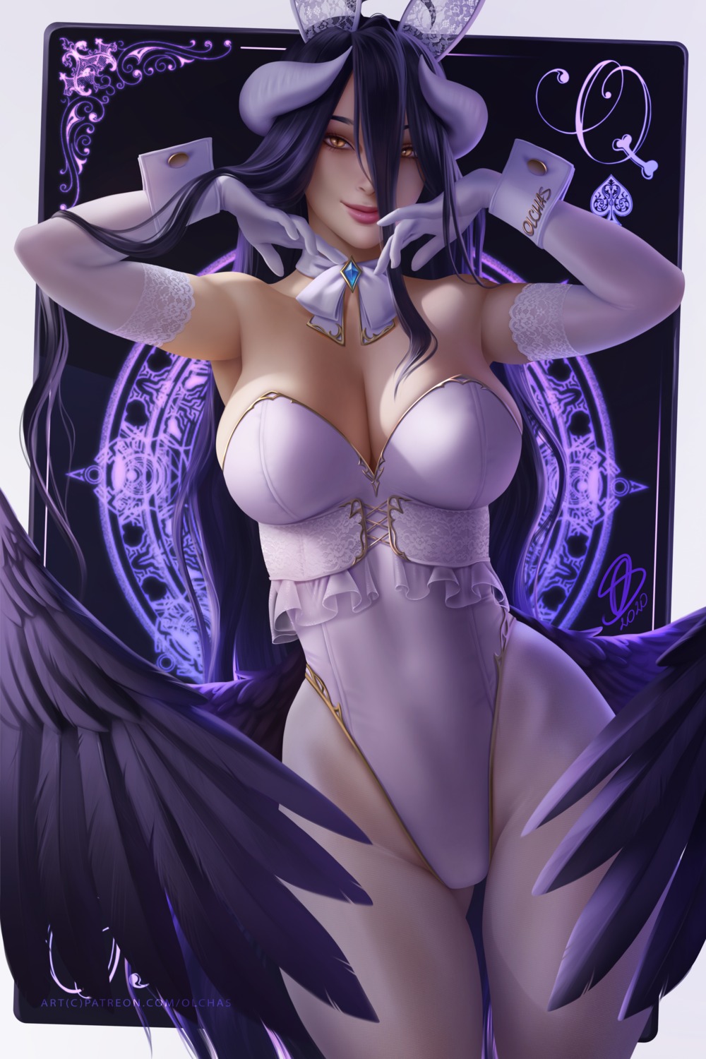 albedo_(overlord) animal_ears bunny_ears bunny_girl horns no_bra olchas overlord pantyhose wings