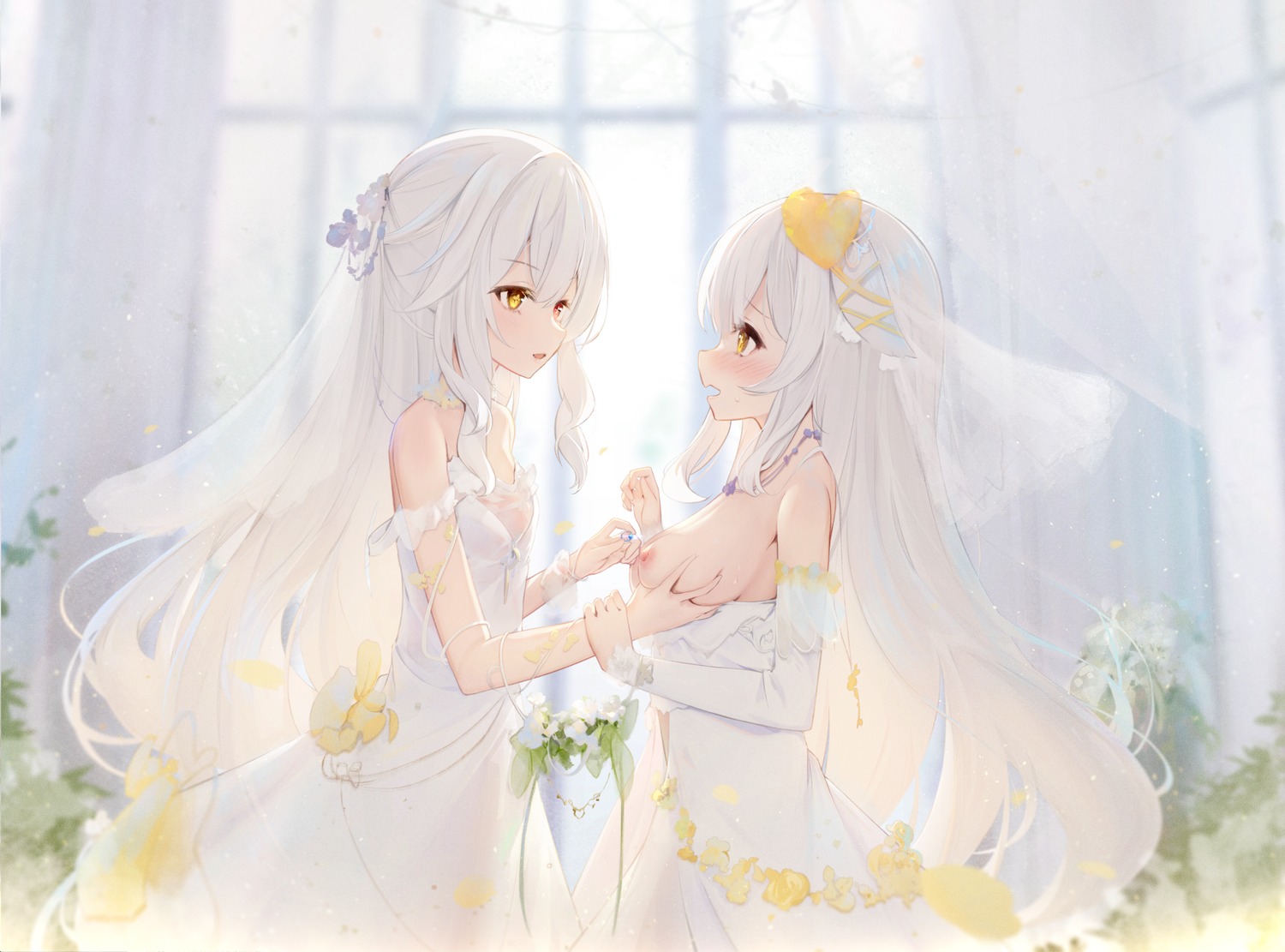 ai_floverse breast_grab breasts dress nipples wedding_dress yuri