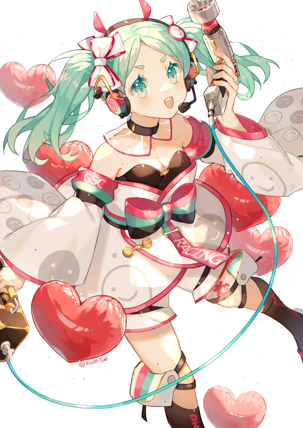 cleavage goodsmile_racing hatsune_miku headphones horns racing_miku tattoo vocaloid xuanli