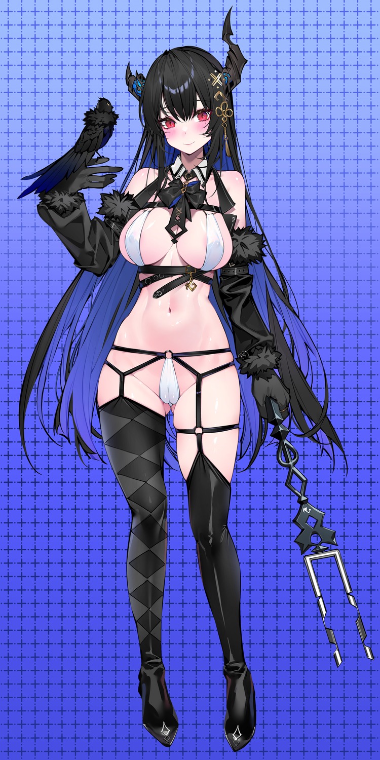 cameltoe hololive hololive_english horns nerissa_ravencroft pantsu stockings thighhighs thong waterring weapon