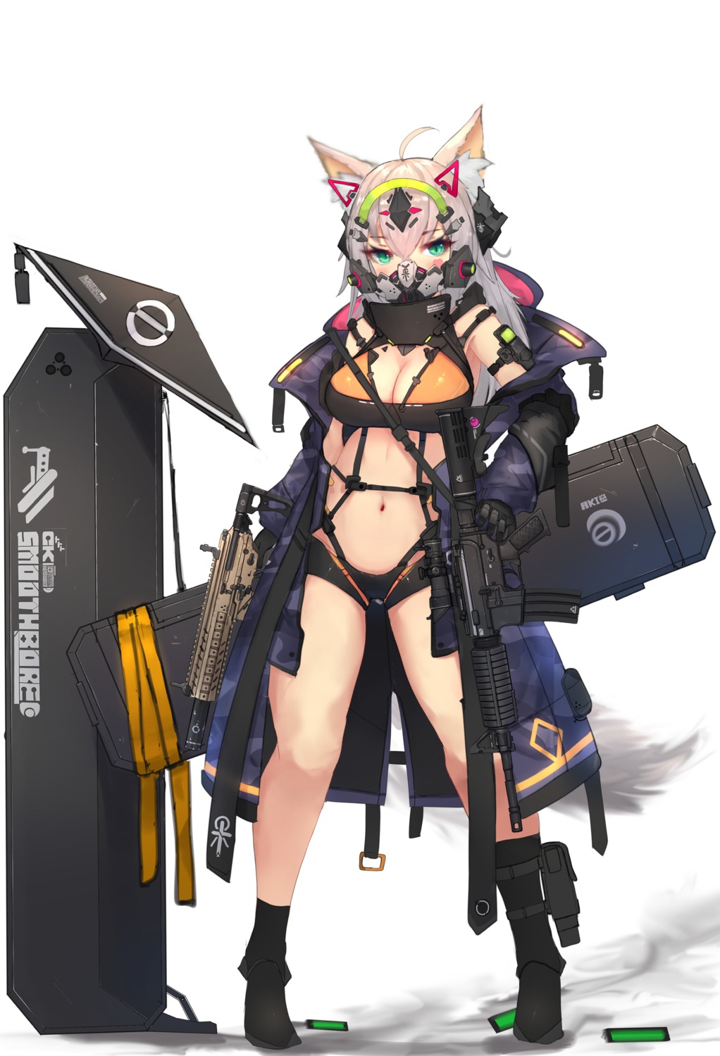 animal_ears bikini_armor cleavage gun nekomimi open_shirt syaha