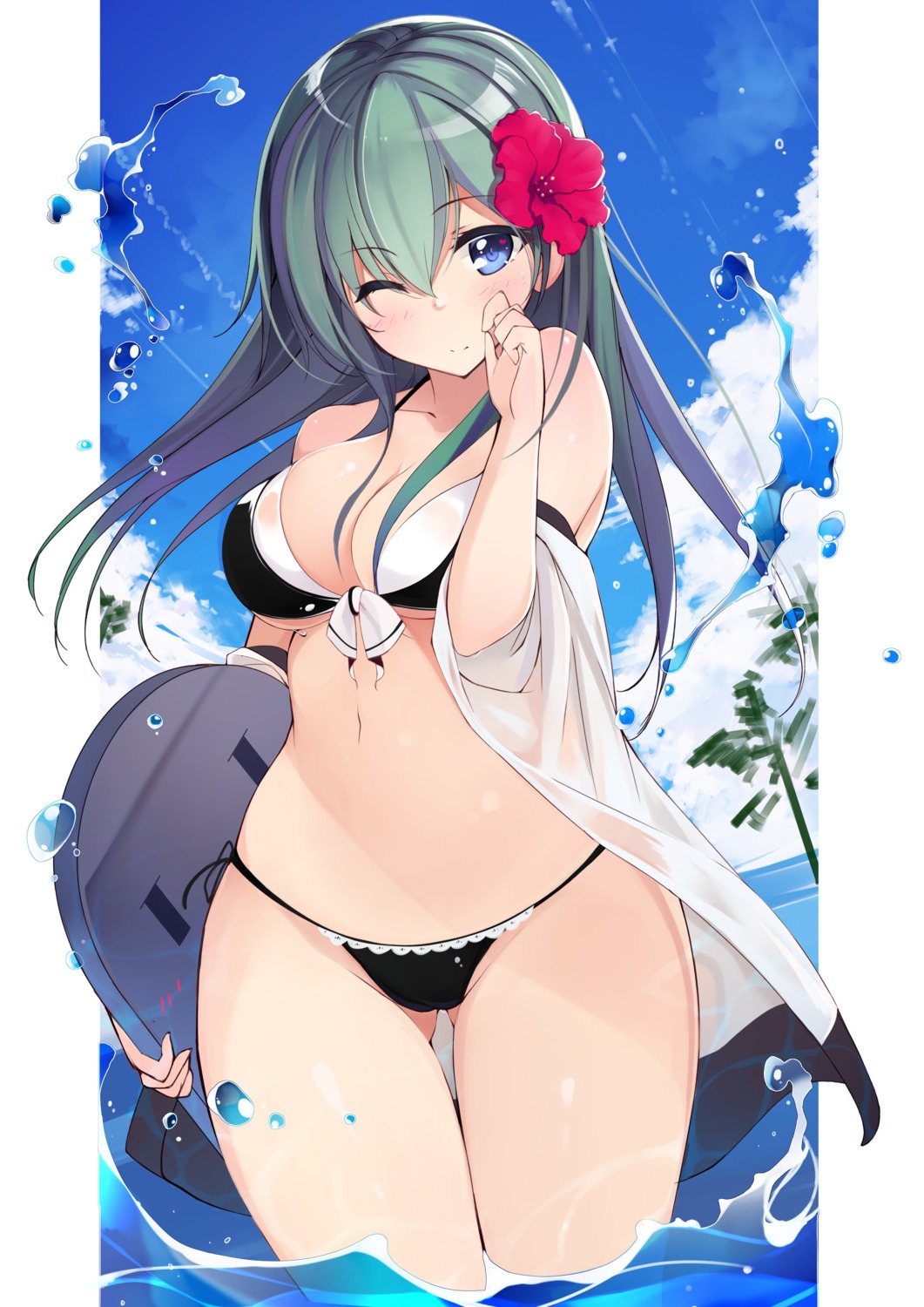 bikini cleavage kantai_collection netarou open_shirt see_through suzuya_(kancolle) swimsuits wet wet_clothes