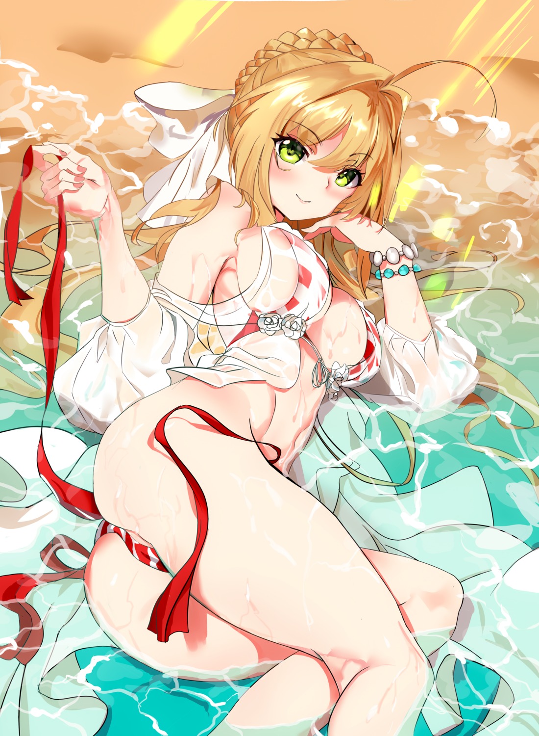bikini cameltoe fate/grand_order mz_(yeye_ai_chipao_mian) open_shirt panty_pull saber_extra see_through swimsuits thong wardrobe_malfunction wet wet_clothes