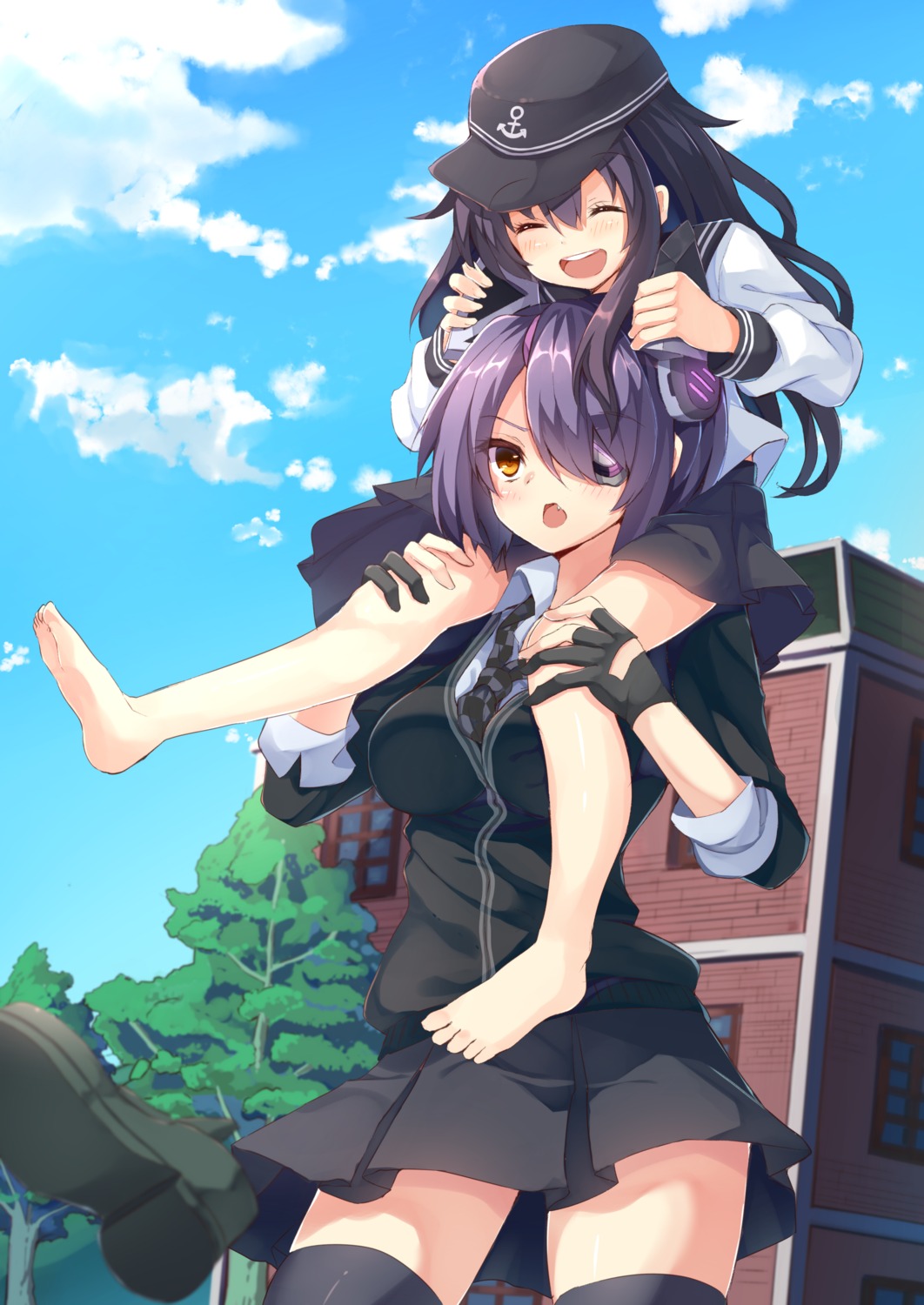 akatsuki_(kancolle) eyepatch kantai_collection kurripu seifuku tenryuu_(kancolle) thighhighs