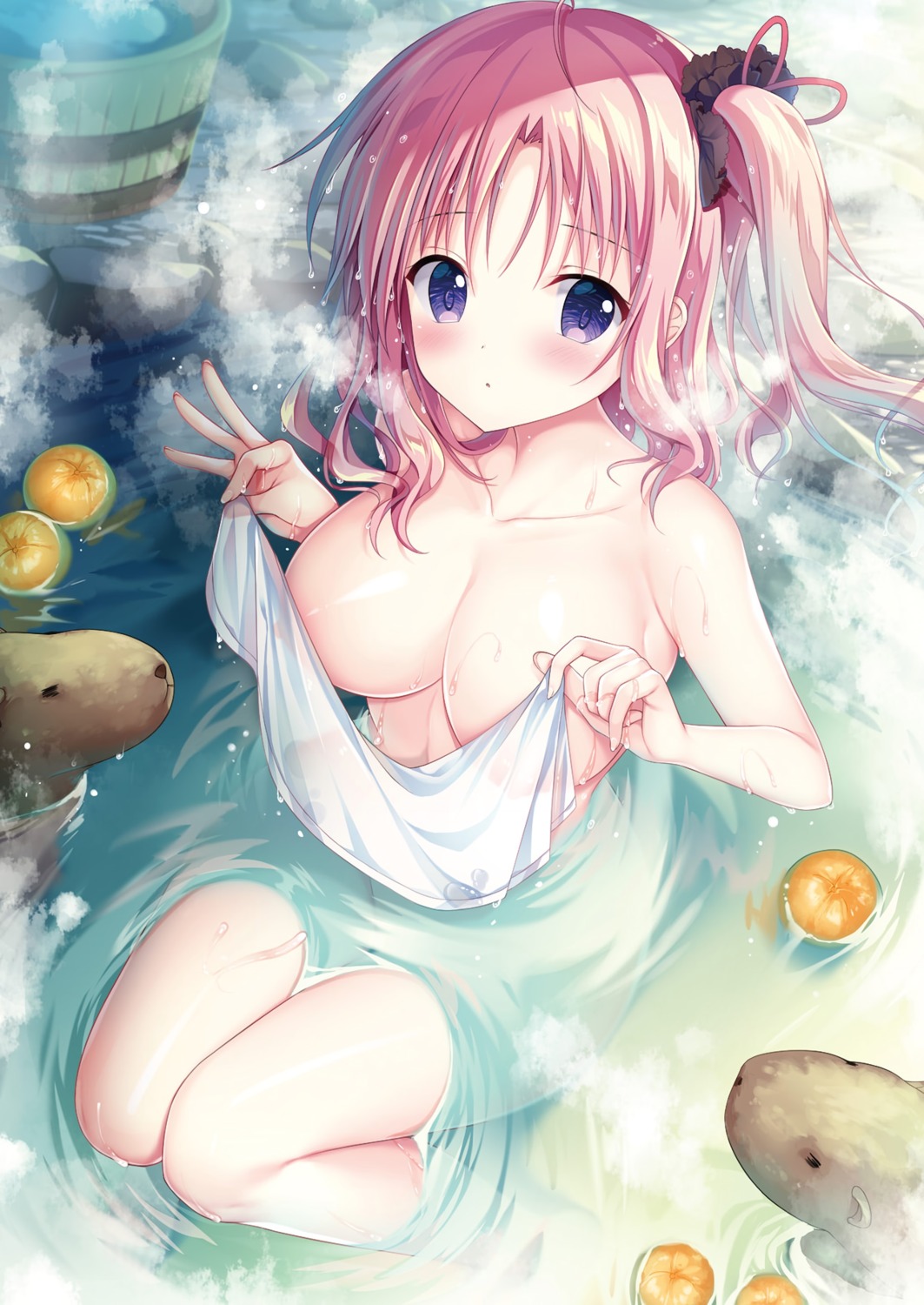 bathing erect_nipples izumi_kaori_(twinbox) naked onsen see_through towel twinbox twinbox_school wet