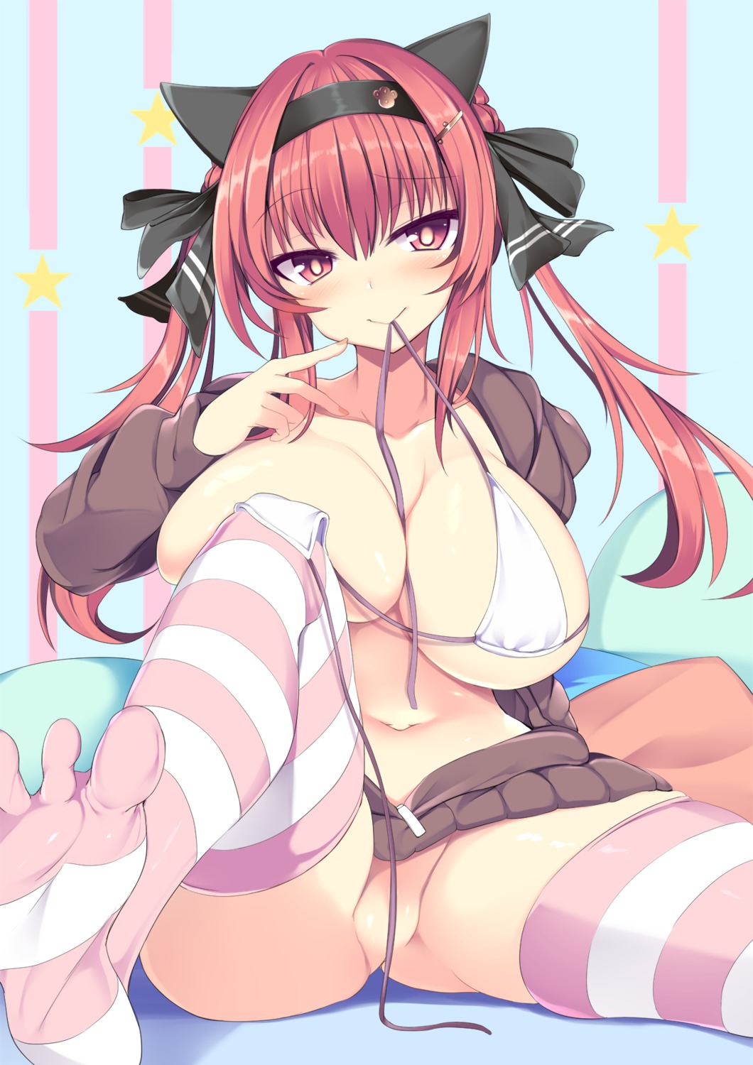 atuuy bikini_top bottomless feet open_shirt swimsuits thighhighs