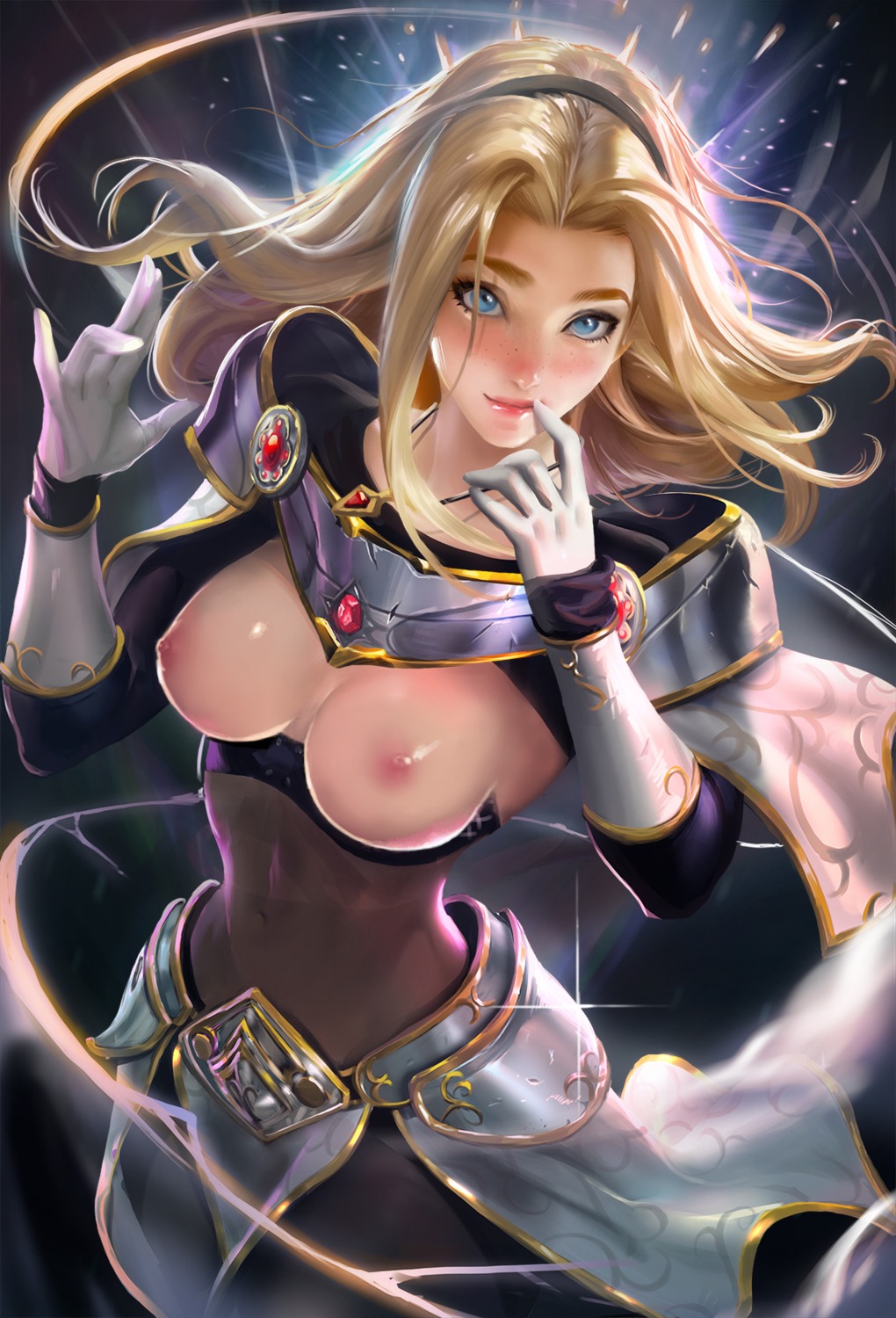 armor breasts league_of_legends luxanna_crownguard nipples no_bra sakimichan
