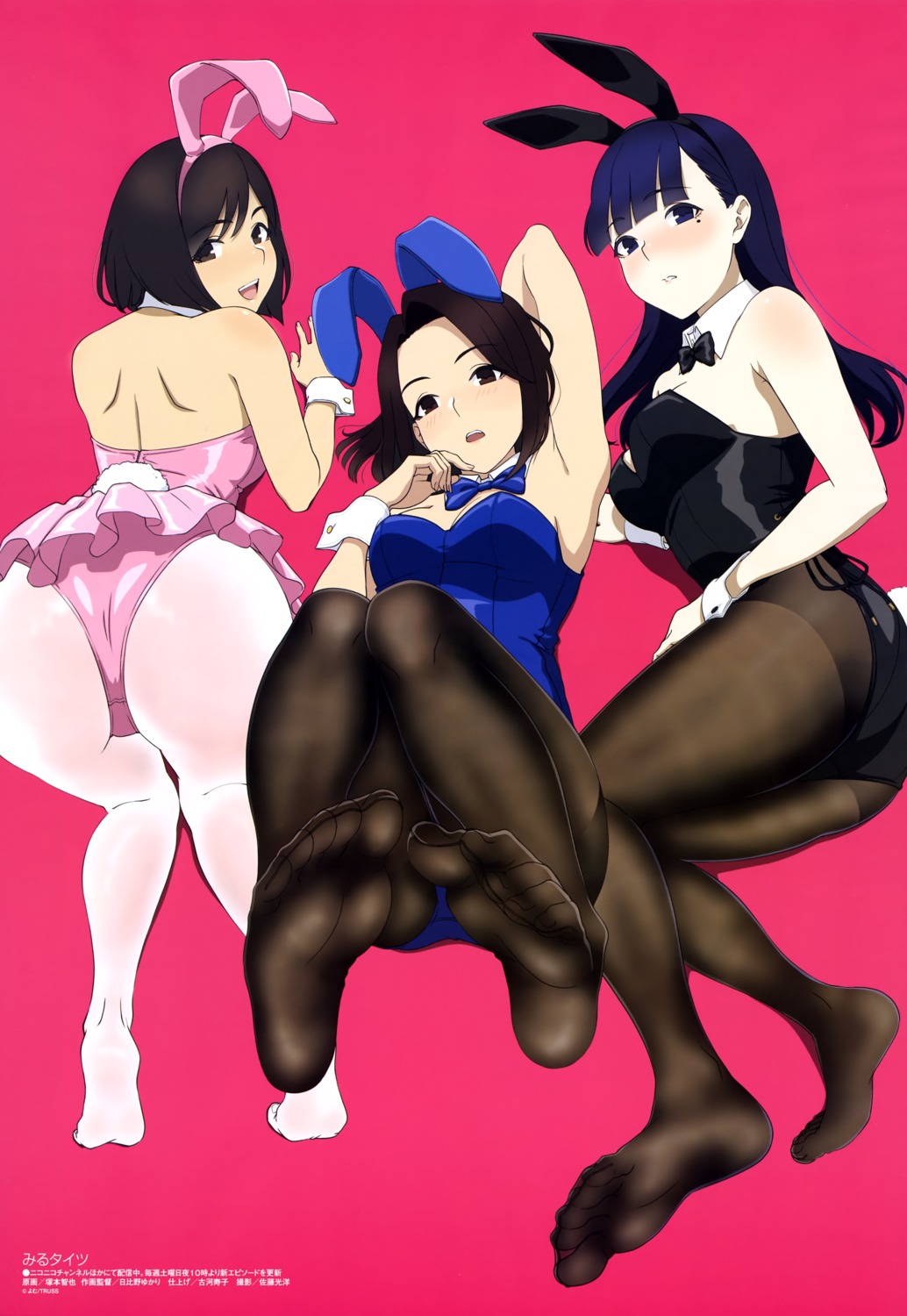 aikawa_ren animal_ears ass bunny_ears bunny_girl cleavage feet miru_tights moegi_homi nakabeni_yua pantyhose tail tsukamoto_tomoya